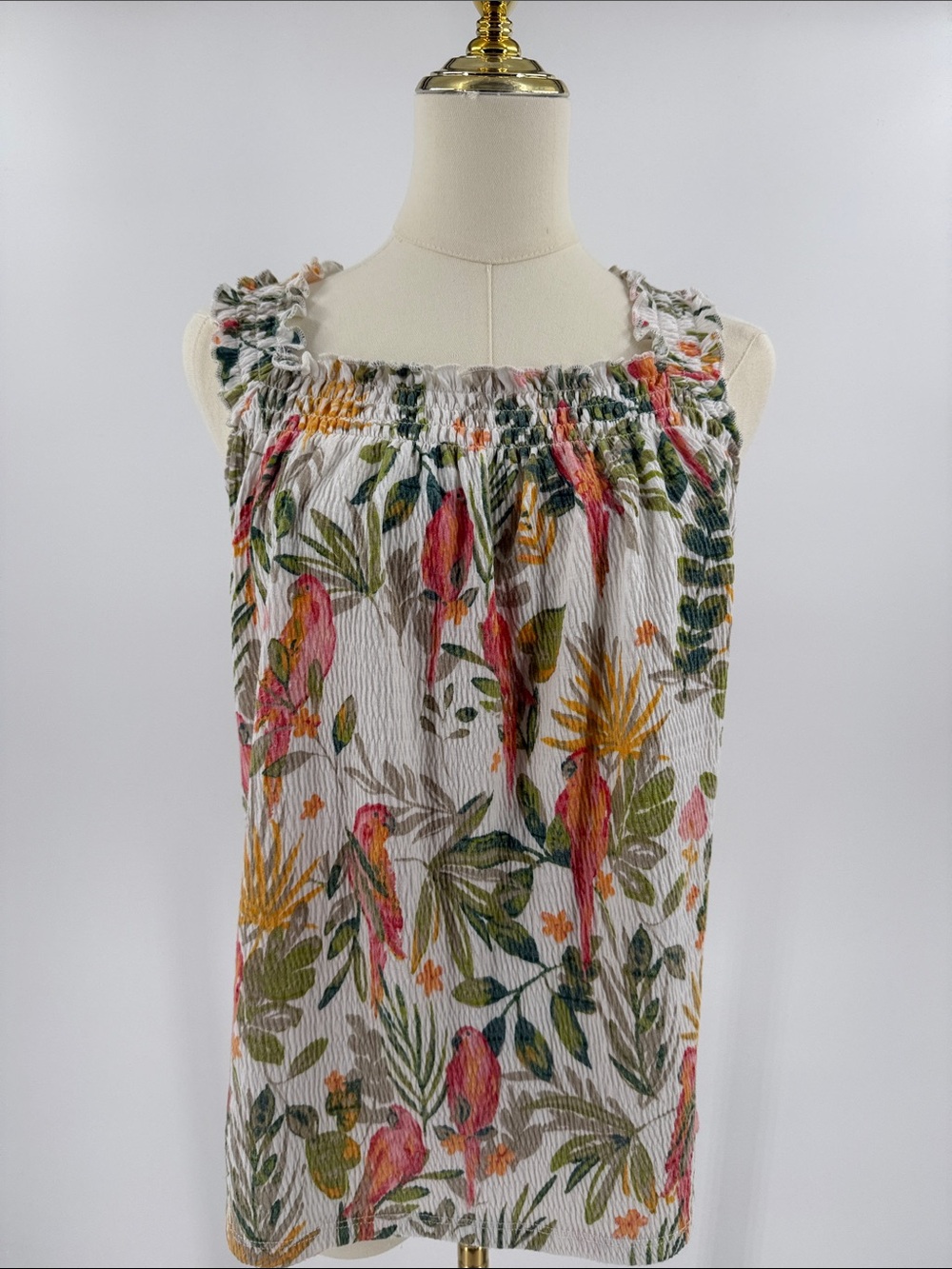 Boho LC Lauren Conrad White Tropical Parrot Smocked Camisole